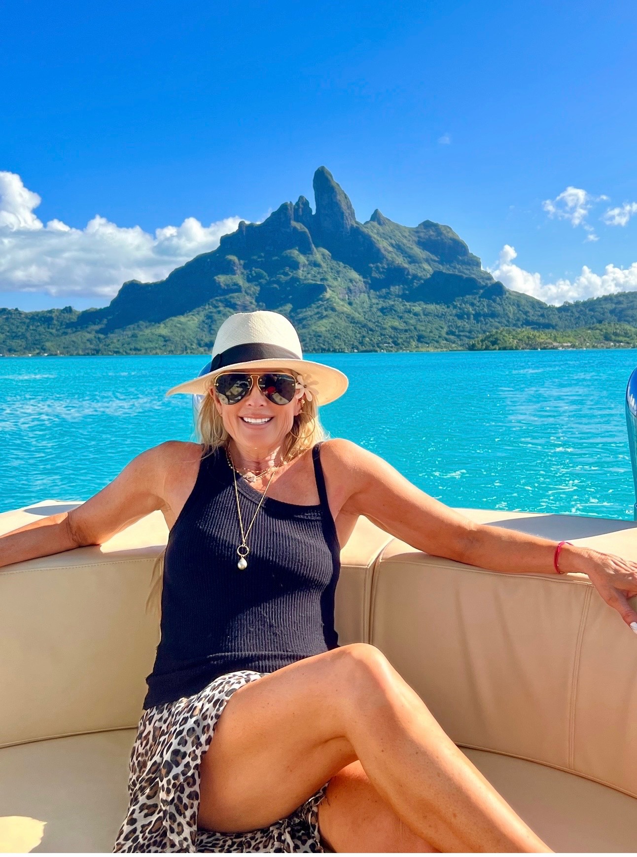 Cyndi Bridger Bugbee on a luxury boat in Bora Bora