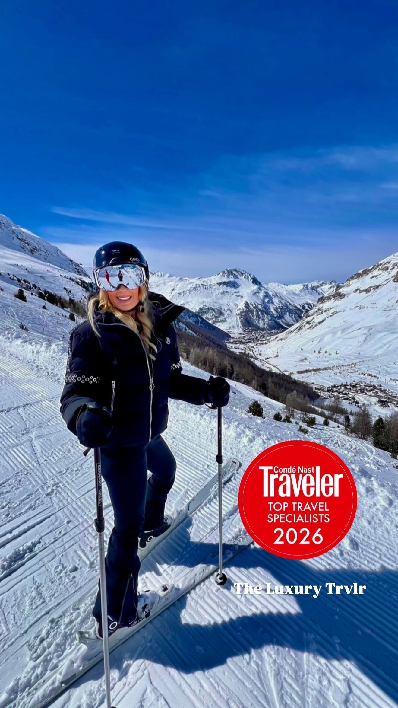 Cyndi skiing in Courchevel, France — Condé Nast Top Travel Specialist 2026